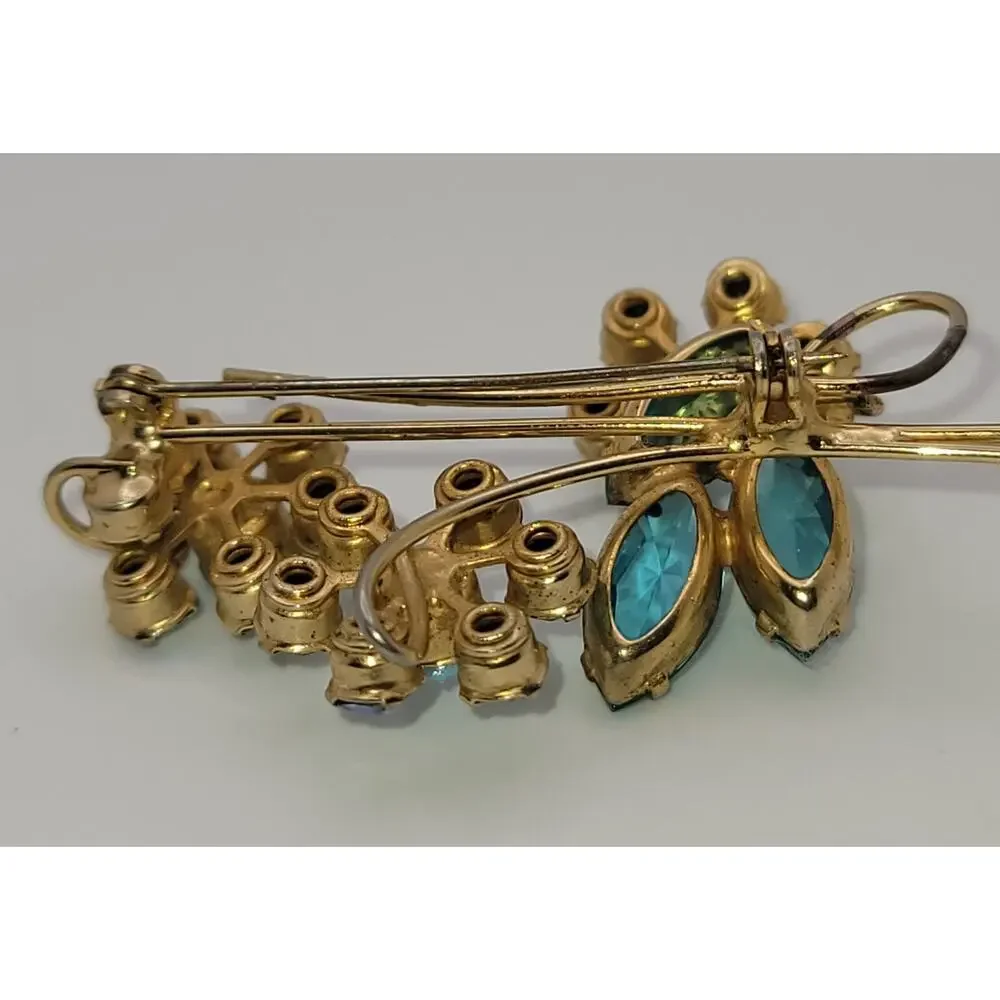 Vintage Gold-tone Blue, Turquoise-colored & Aurora Borealis Floral Brooch